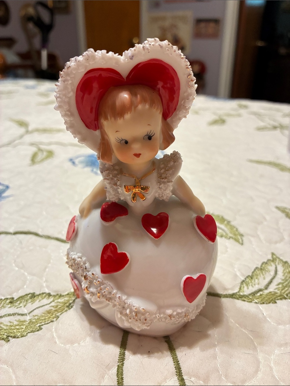 Vintage Heart-Accent Ceramic Girl Bell - Red & White-Lefton